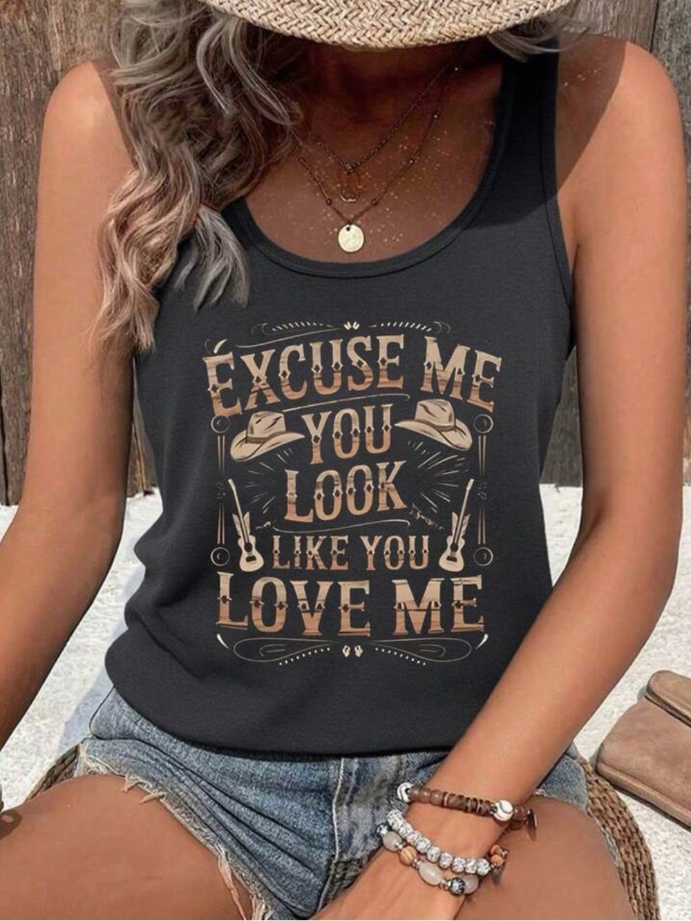 Western Tank Graphic Tank Top - 'Excuse Me You Look Like You Love Me' Ella